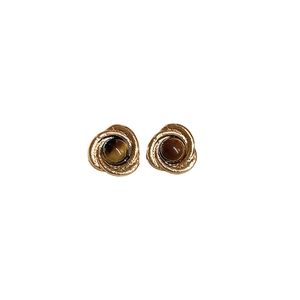 Vintage gold-framed round tiger eye earrings with brown gemstone on white background