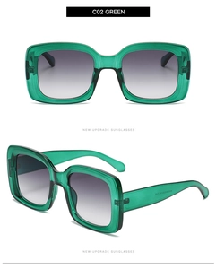 Macro detail of translucent green square sunglasses with gradient lenses in two views