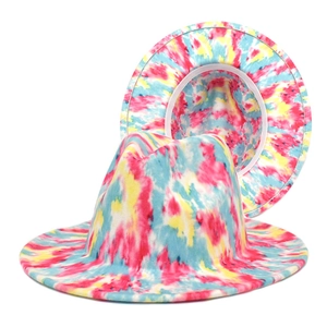 Vibrant tie-dye fedora hat in pink yellow blue colors with classic wide brim design