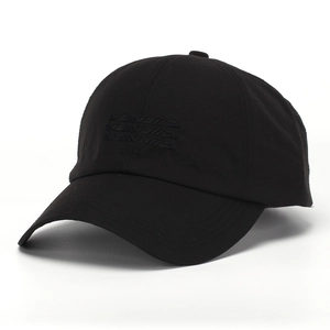 Detailed view of the 3D black embroidery on a high-quality six-panel baseball cap