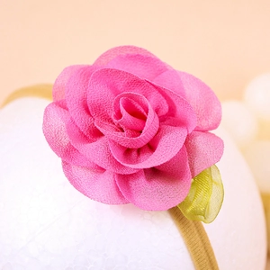 Pink chiffon flower nylon headband with green leaves for babies and young children