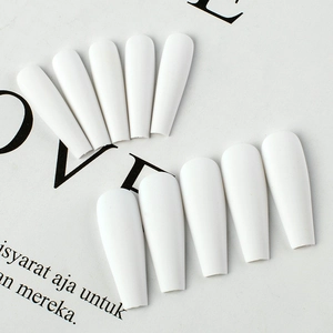 Close-up of matte white coffin press-on nails showing smooth frosted texture and finish