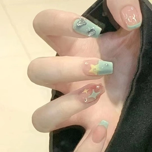 French Press On Nails Rhinestone Star Heart Decoration Mint Green Pink Gradient Reusable Elegant Fake Nails For Women