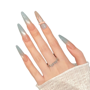 Pink and blue cat eye gradient long stiletto press-on nails with 3D bow and ballet design