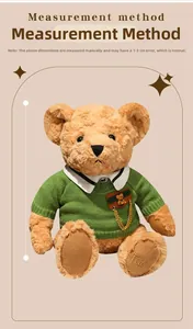 Detail of plush teddy bear wearing green sweater showing measurement method and dimensions
