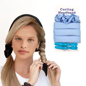Heatless hair curler set with satin headband and blue hair clip for natural wavy curls