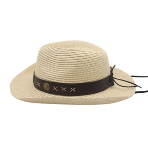 Detail of straw cowboy hat featuring brown leather band with metal studs and white stitching