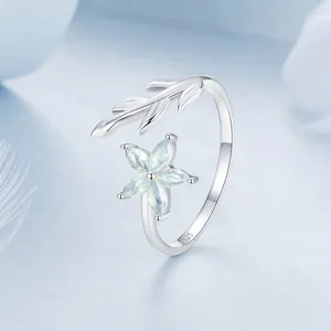 S925 sterling silver open ring with leaf design and blue gemstone flower ornament