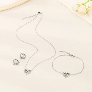 Elegant silver heart jewelry set with necklace earrings and bracelet in micro pave crystals