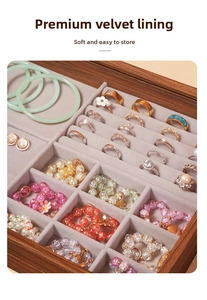 Macro view of walnut wood jewelry box with grey velvet lining and organized slots
