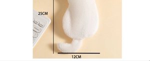 Detailed view of plush cat pencil case showing 25cm length and soft white faux fur texture