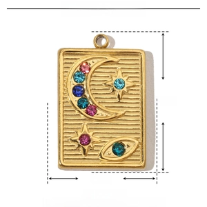 Detail of tarot style rectangular pendant with moon star motif and dimensions 20x13mm