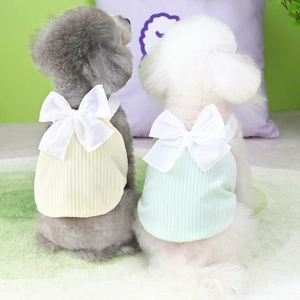 Cute puppy summer dresses with striped fabric and large white bows for small dogs