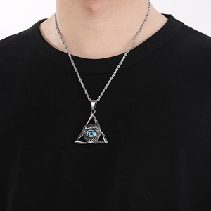 Nordic Viking stainless steel triangle necklace with turquoise evil eye pendant for men