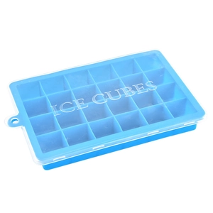 Blue silicone 24-grid ice cube tray with transparent lid and square mold design