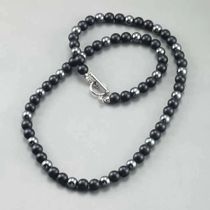 Men's beaded necklace with matte black hematite, tiger eye stones and silver T-bar clasp