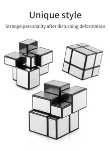 Silver 2x2 mirror cube showing original shape and irregular geometric transformations