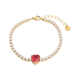 18K gold plated stainless steel bracelet with red heart stone and white cubic zirconia