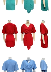 Détail de la robe moulante à col en V et manches courtes avec ceinture en plusieurs couleurs