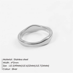 Detail view of wavy stainless steel ring with size US 5-7 and 4x2mm width specs