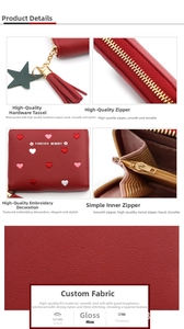 Close-up of red PU purse with heart embroidery, golden tassel, and durable zipper detail