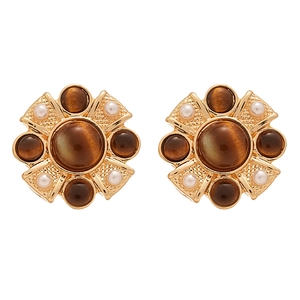 Vintage gold flower stud earrings with brown resin cat eye stones and pearls