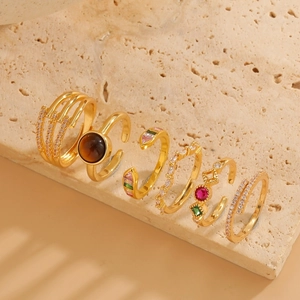 6-piece gold ring set with tiger eye and zircon in bohemian luxury geometric style