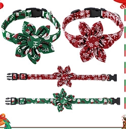 Detail of Christmas pet collars with holiday patterns, plastic buckles and metal D-rings