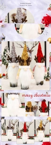 Detailed view of sequined Christmas wine bottle covers with reindeer antlers and faux fur