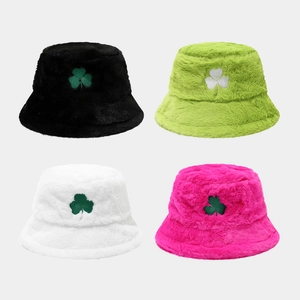 Winter Warm Faux Fur Plush Bucket Hat For Women Men Fashion Shamrock Embroidery Soft Outdoor Windproof Fisherman Cap