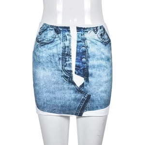Detail of white mini skirt featuring elastic waist and realistic denim print effects