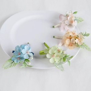Elegant artificial wedding corsage set with blue pink hydrangea and pearl accents