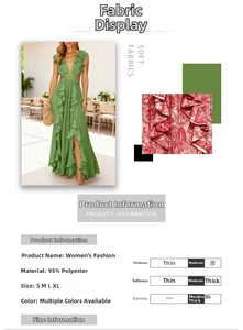 Detail showing 95% polyester fabric texture and size chart for deep V neck maxi dress