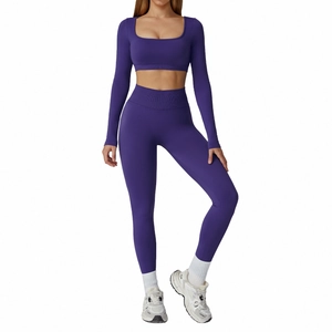 Seamless purple long sleeve yoga crop top and high waist leggings fitness gym set
