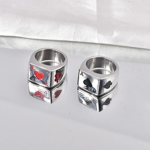 Polished titanium steel signet rings with Ace of Hearts and Ace of Spades poker designs