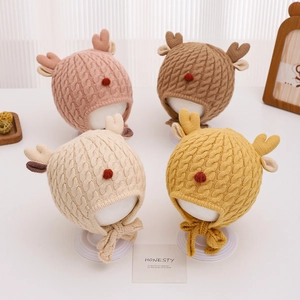 Baby Winter Knit Hat Reindeer Antlers Cable Earflap Beanie Thick Warm Christmas Pom Pom Cap For Toddler Infant