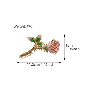 Golden metal rose hair claw clip with pink flower and green leaves, size 11.2cm 47g