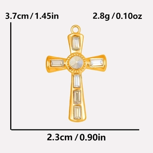 Detail showing 304 stainless steel gold cross pendant with dimensions and weight info