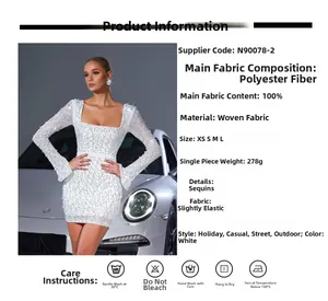 Macro detail of white sequin dress fabric with 100% polyester information display