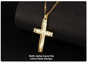 Detailed back view of gold cross pendant showing intricate hollow setting and craftsmanship