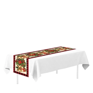 Christmas table runner with red buffalo plaid borders and festive holiday prints