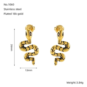 Macro detail of 18k gold plated stainless steel snake studs with product dimensions