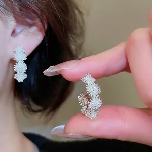Silver plated floral cluster drop earrings with sparkling zircon for women's jewelry