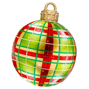 Detail view of 60cm red and green PVC inflatable Christmas ball with golden lattice pattern