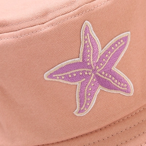 Pink cotton bucket hat with purple starfish embroidery for outdoor sun protection