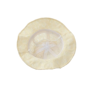 Pale yellow baby lace sun hat with floral pattern and adjustable chin strap