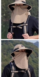 Detail view of khaki sun hat with breathable face mask and neck flap for outdoor hiking