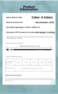 Size chart for women's slim PU leather belt with length and waist measurements