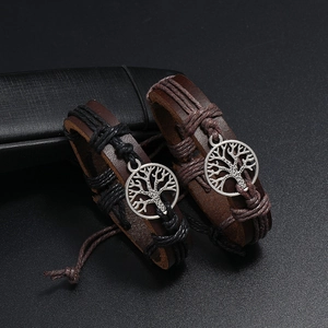 Vintage braided leather Tree of Life bracelet with adjustable drawstring closure for men