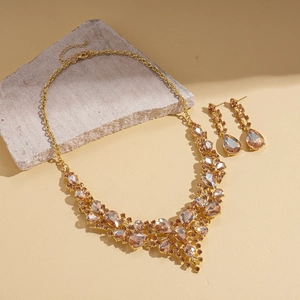 Luxury champagne crystal necklace and teardrop earrings set in gold plated floral design